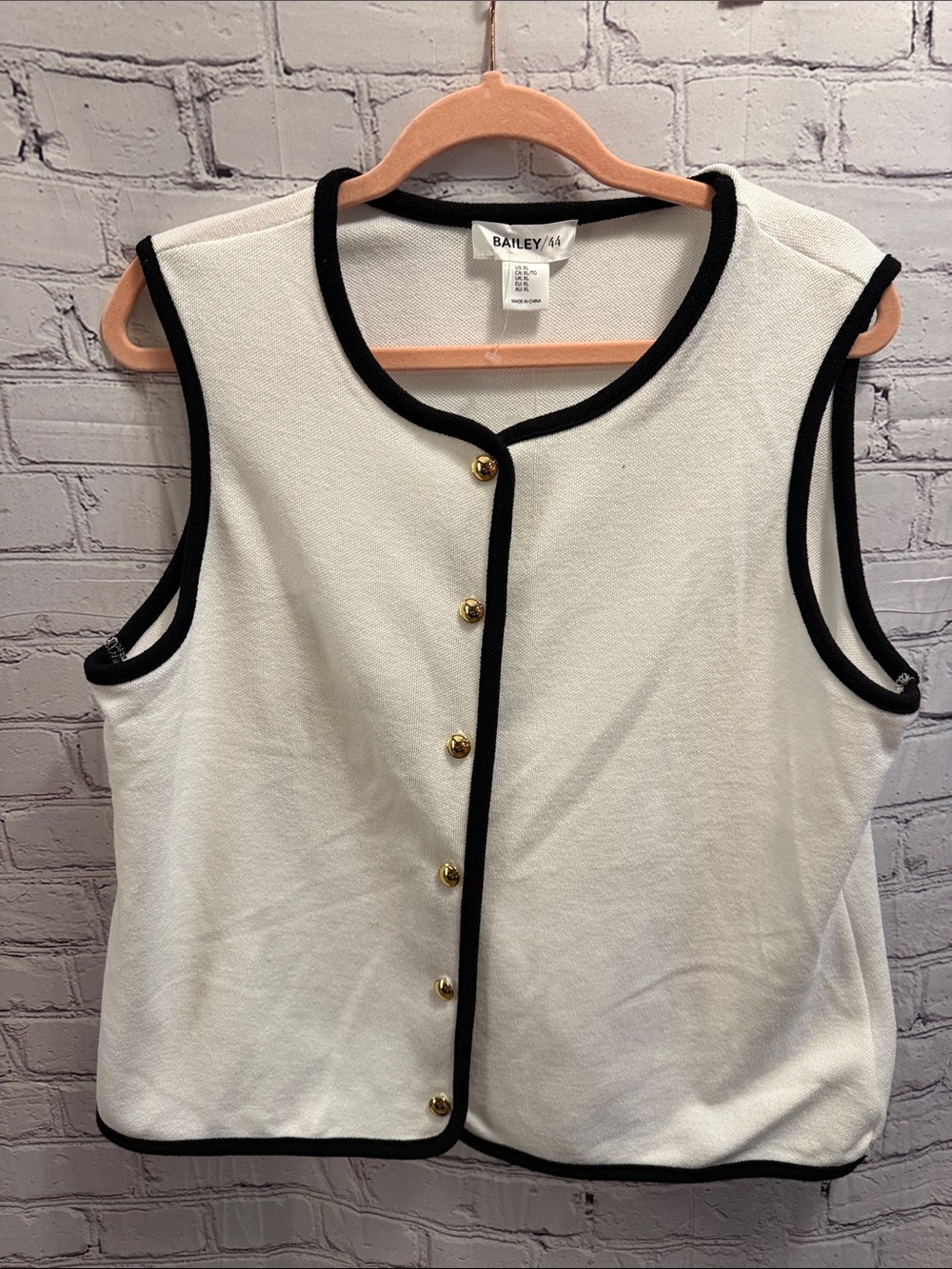 Bailey 44 White Tank with Black Trim and Gold Buttons
